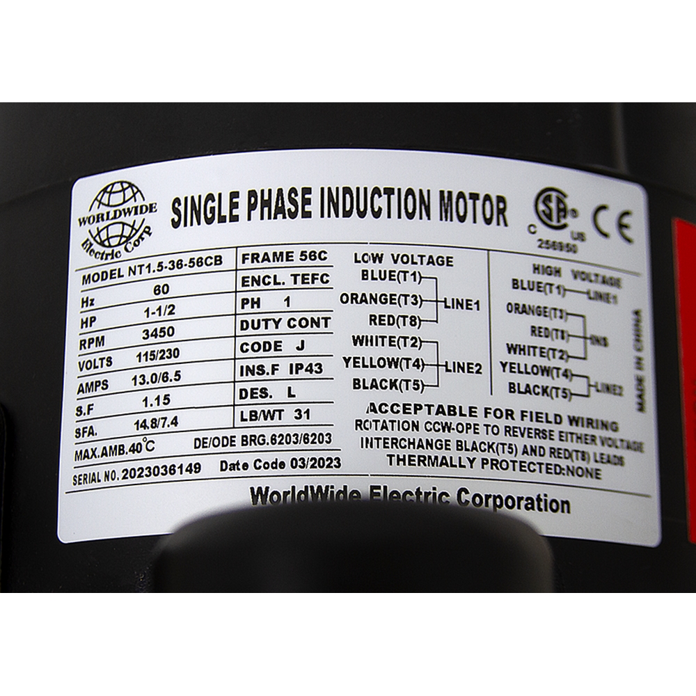 kurobee M 1-1/2 HP 115/230 Volt AC 3450 RPM WWE NT1.5-36-56CB Motor